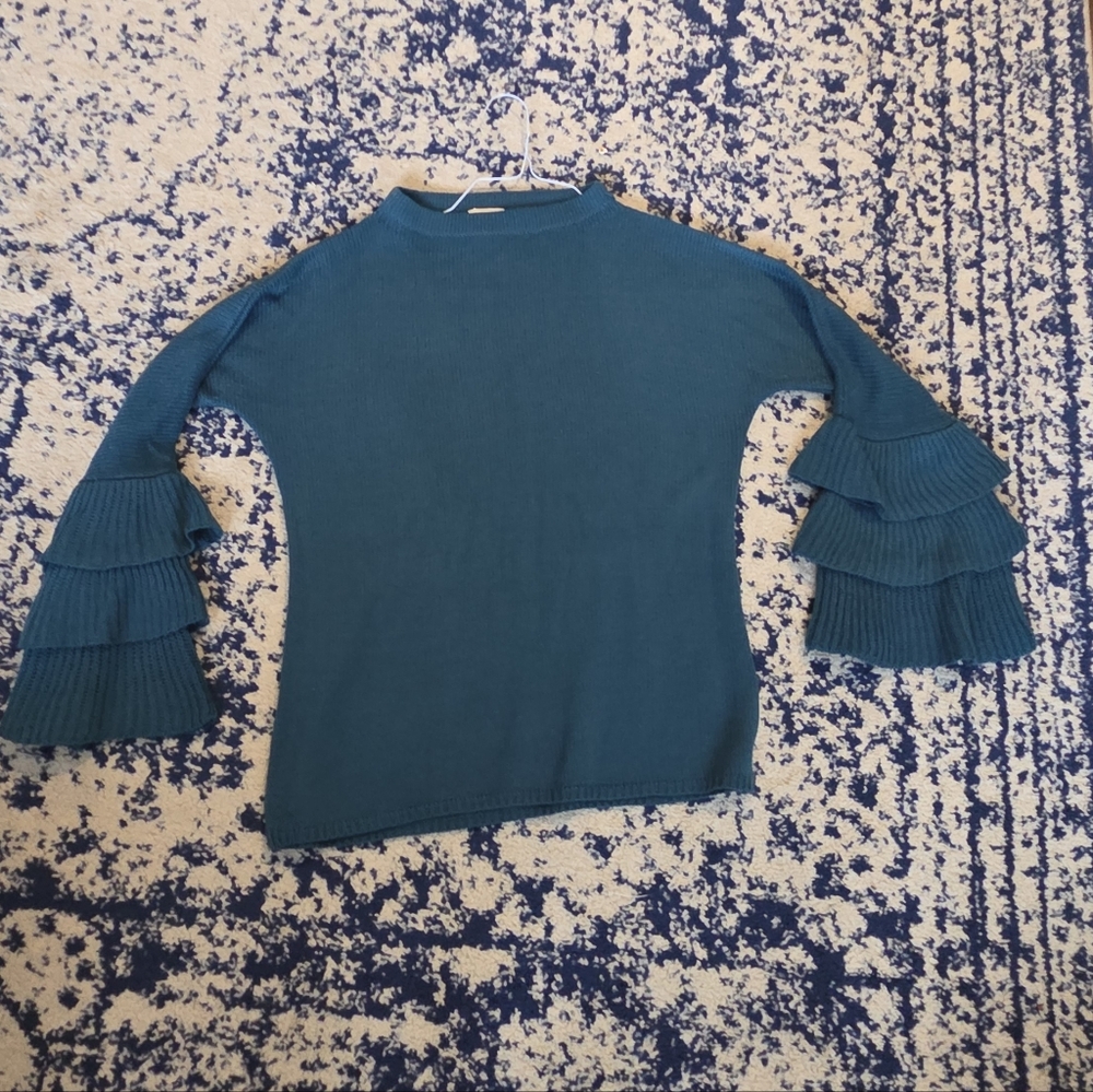 Elegant Teal Ruffle Sleeve Sweater